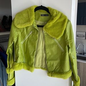 Chartreuse/Yellow/Green Furry Y2K Pleather Jacket